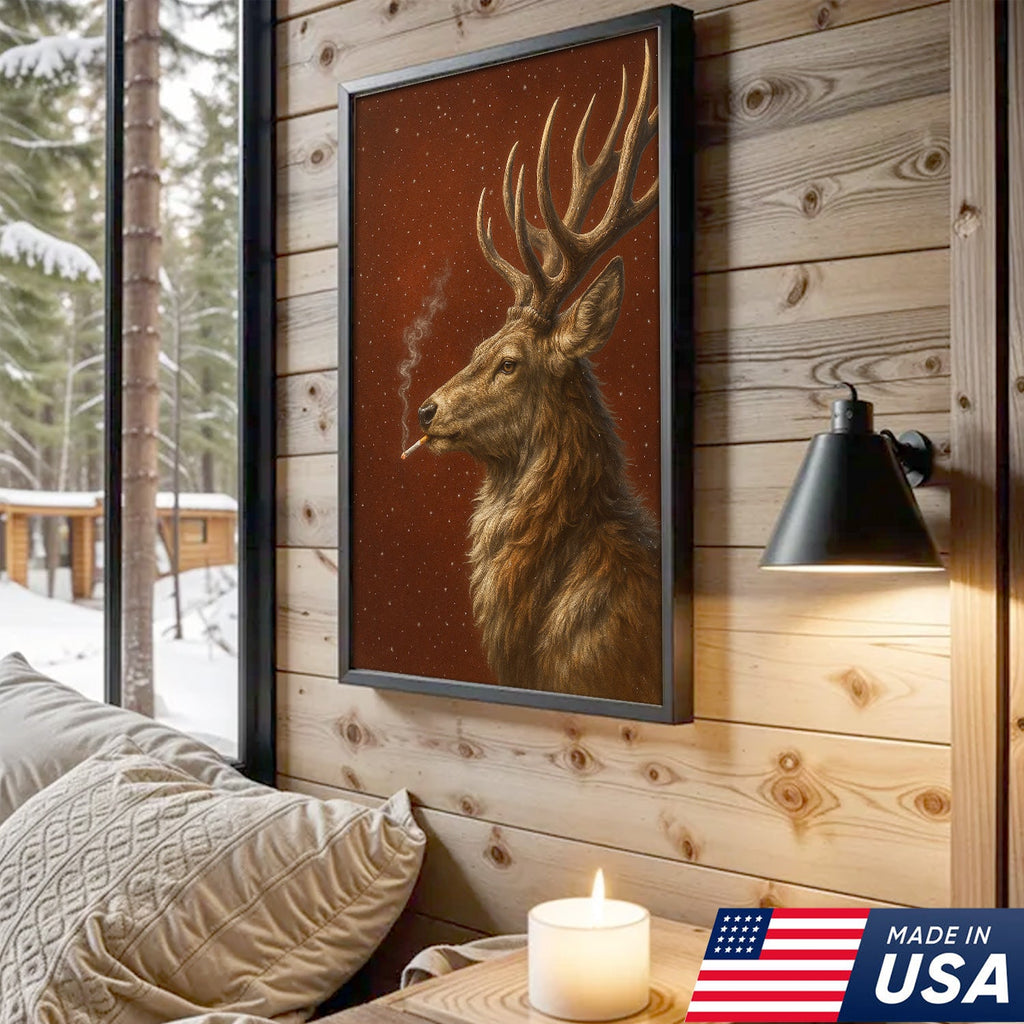 Smoking Deer Wall Art Canvas – Rustic Buck Canvas Print, Funny Christmas Cabin Decor