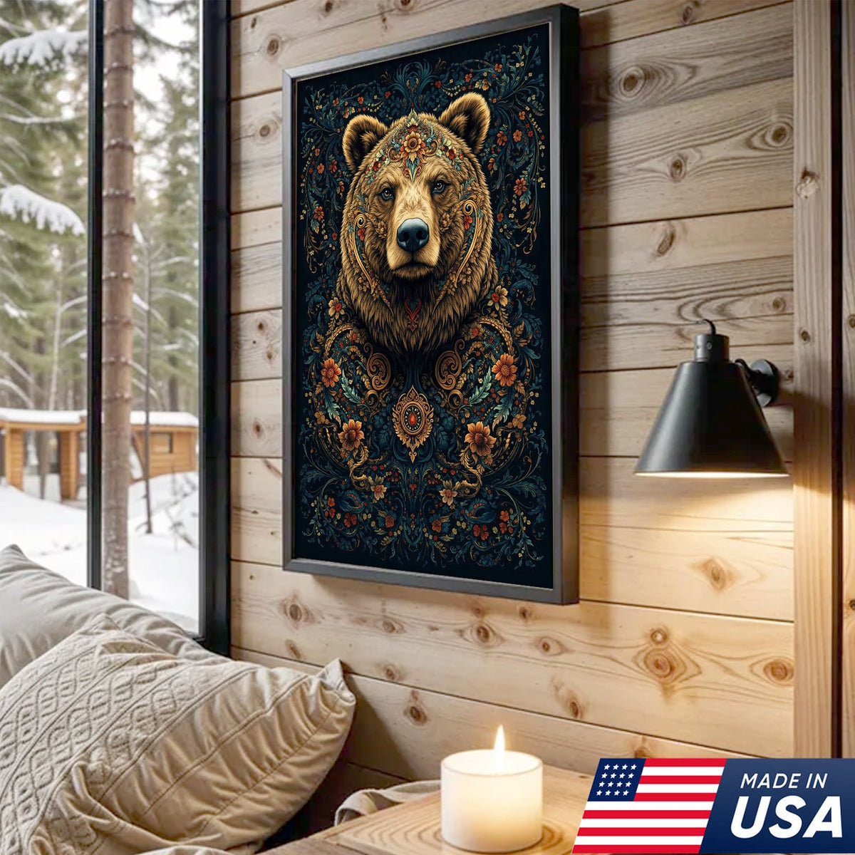Ornate Floral Bear Canvas Wall Art, Majestic Bear Portrait with Decorative Pattern