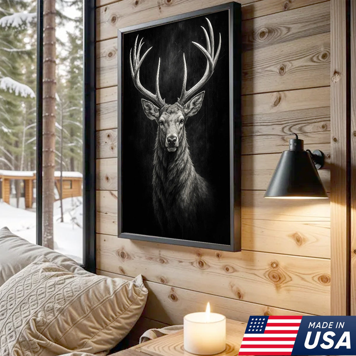 Black and White Deer Stag Canvas Wall Art, Majestic Buck Head Rustic Cabin Decor