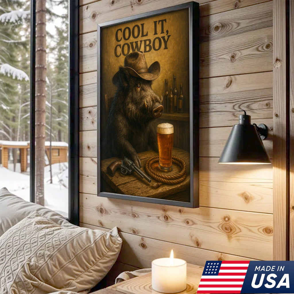 Funny Wild Boar Cowboy Canvas – Rustic Wildlife Bar Wall Art Gift for Hunters, Lodge and Cabin