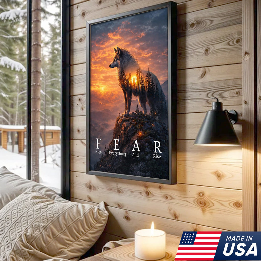 Fear Face Everything And Rise Wolf Canvas Wall Art, Inspirational Sunset Wolf Artwork
