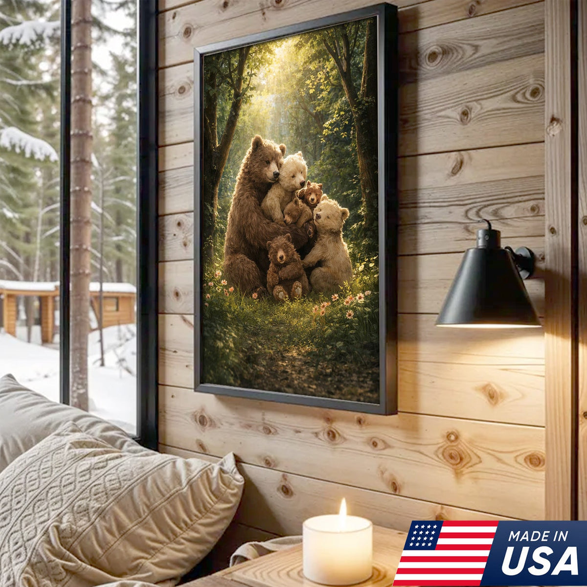 Heartwarming Bear Family Canvas Wall Art, Mother Bear with Cubs in Sunlit Forest