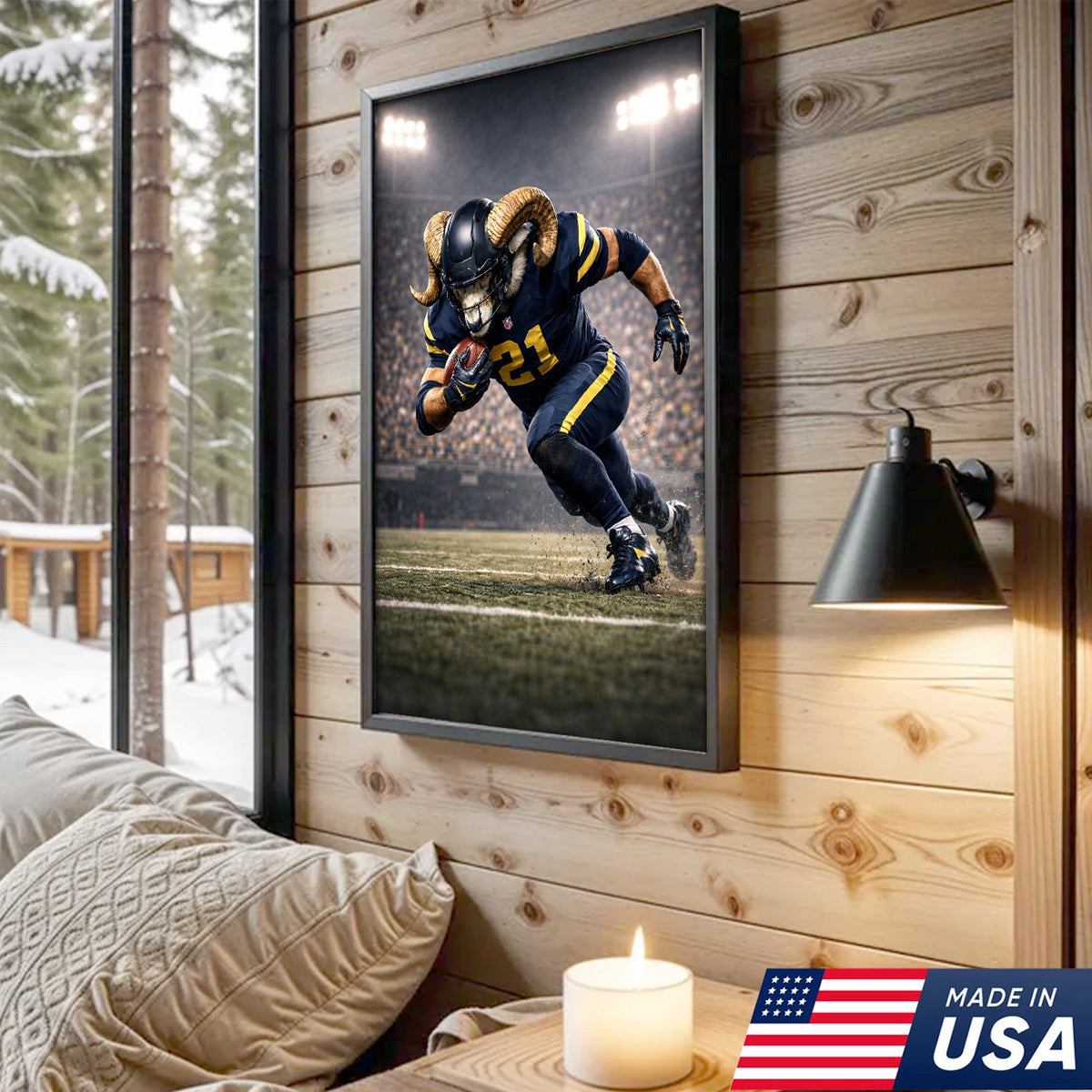 Mighty Ram Football Canvas Wall Art – Horned Athlete Stadium Action Print