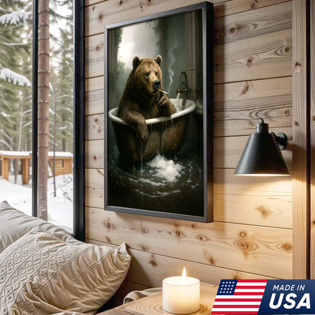 Smoking Bear in Bathtub Canvas – Surreal Rustic Wall Art for Man Cave & Lodge Decor