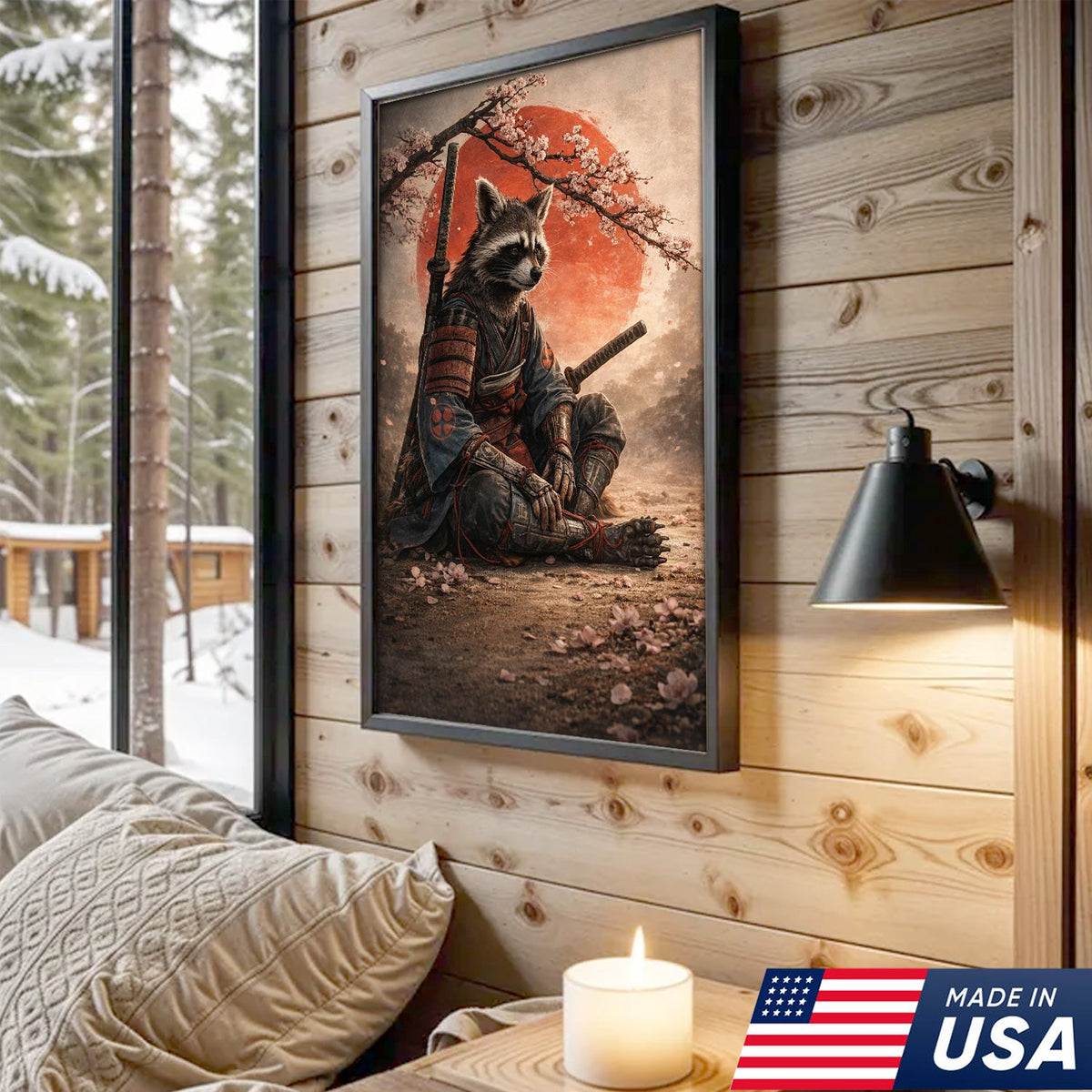 Samurai Raccoon Wall Art Canvas Print, Japanese Warrior Animal Illustration