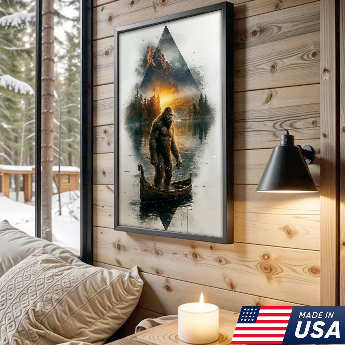 Bigfoot Fishing On Wooden Boat Adventure Canvas Wall Art – Mysterious Forest Lake Decor