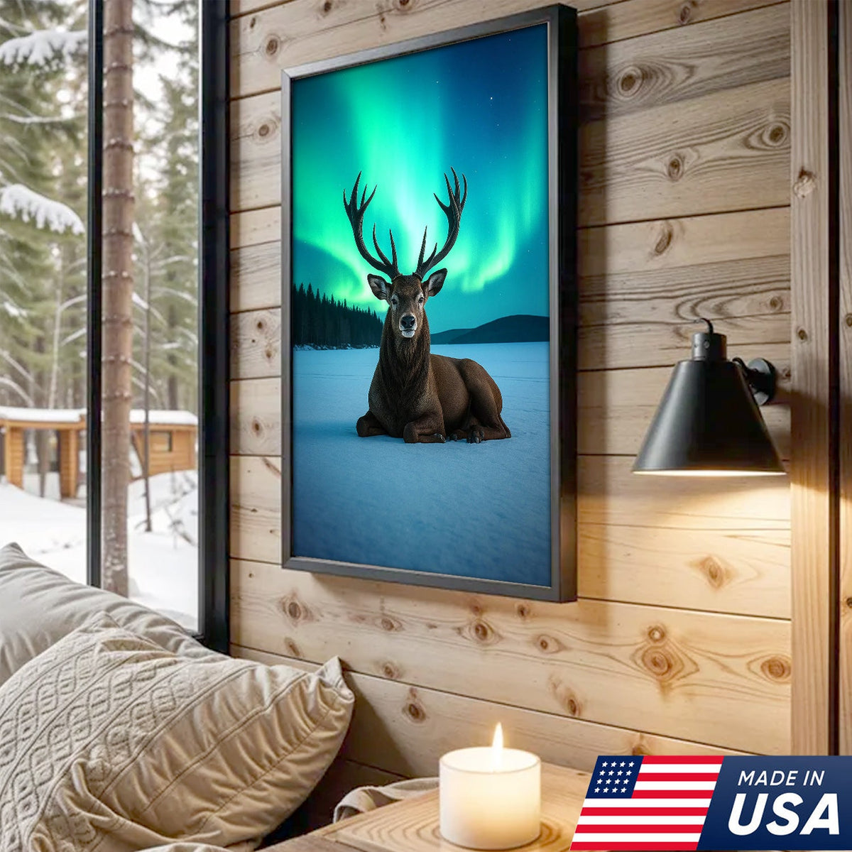 Northern Lights Deer Wall Art Canvas, Aurora Borealis Stag Landscape Print