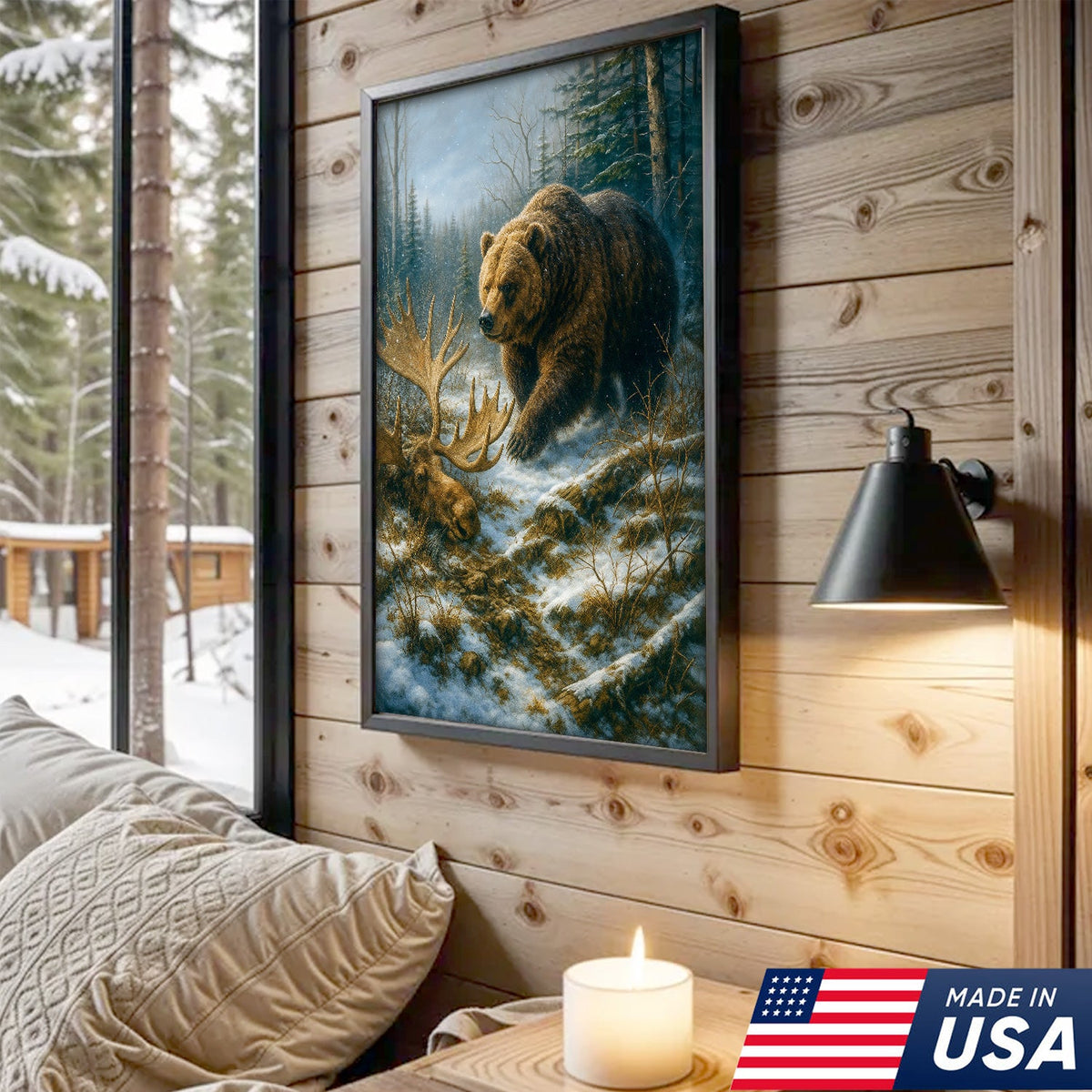 Grizzly Bear and Moose Wilderness Wall Art – Rustic Hunting Canvas for Cabin & Lodge Decor