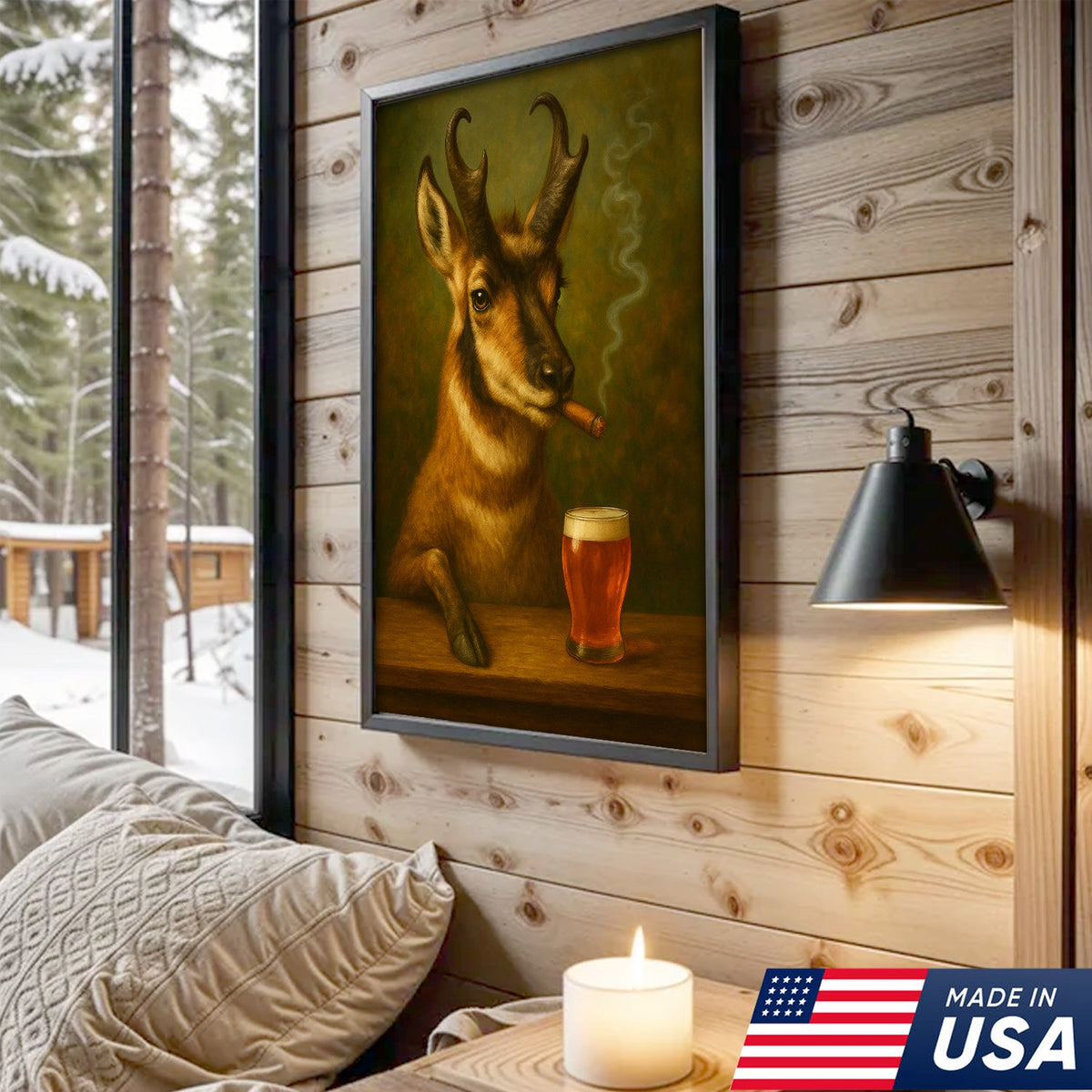 Funny Pronghorn Antelope Smoking & Beer Canvas Wall Art - Hunting Perfect Gift for Hunters & Cocktail Glasses Lovers