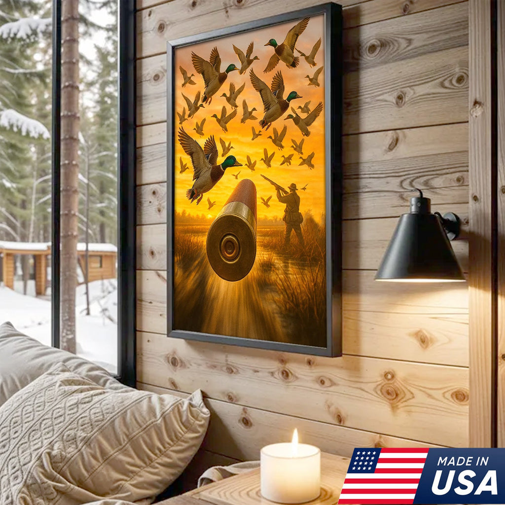 Duck Hunting Canvas Wall Art, Shotgun Shell and Flying Mallards Artwork, Rustic Cabin Decor for Hunters