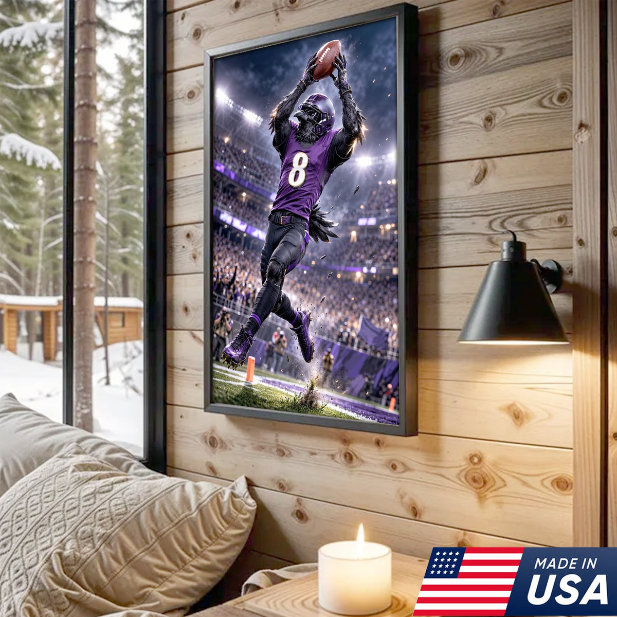 Raven Football Player Canvas Wall Art – Purple Stadium Touchdown Action Print