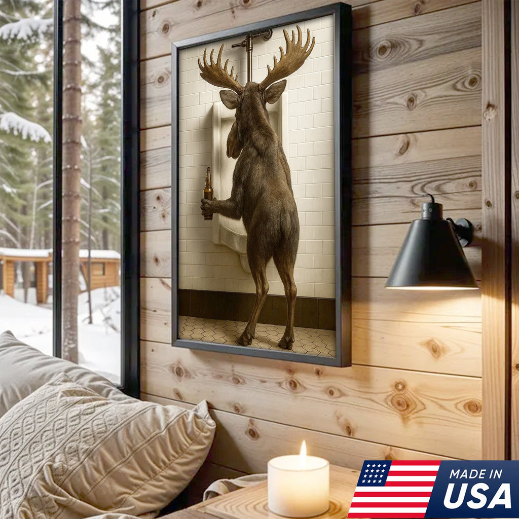 Moose Bathroom Canvas Wall Art - Funny Rustic Lodge Decor for Cabin and Hunting Enthusiasts