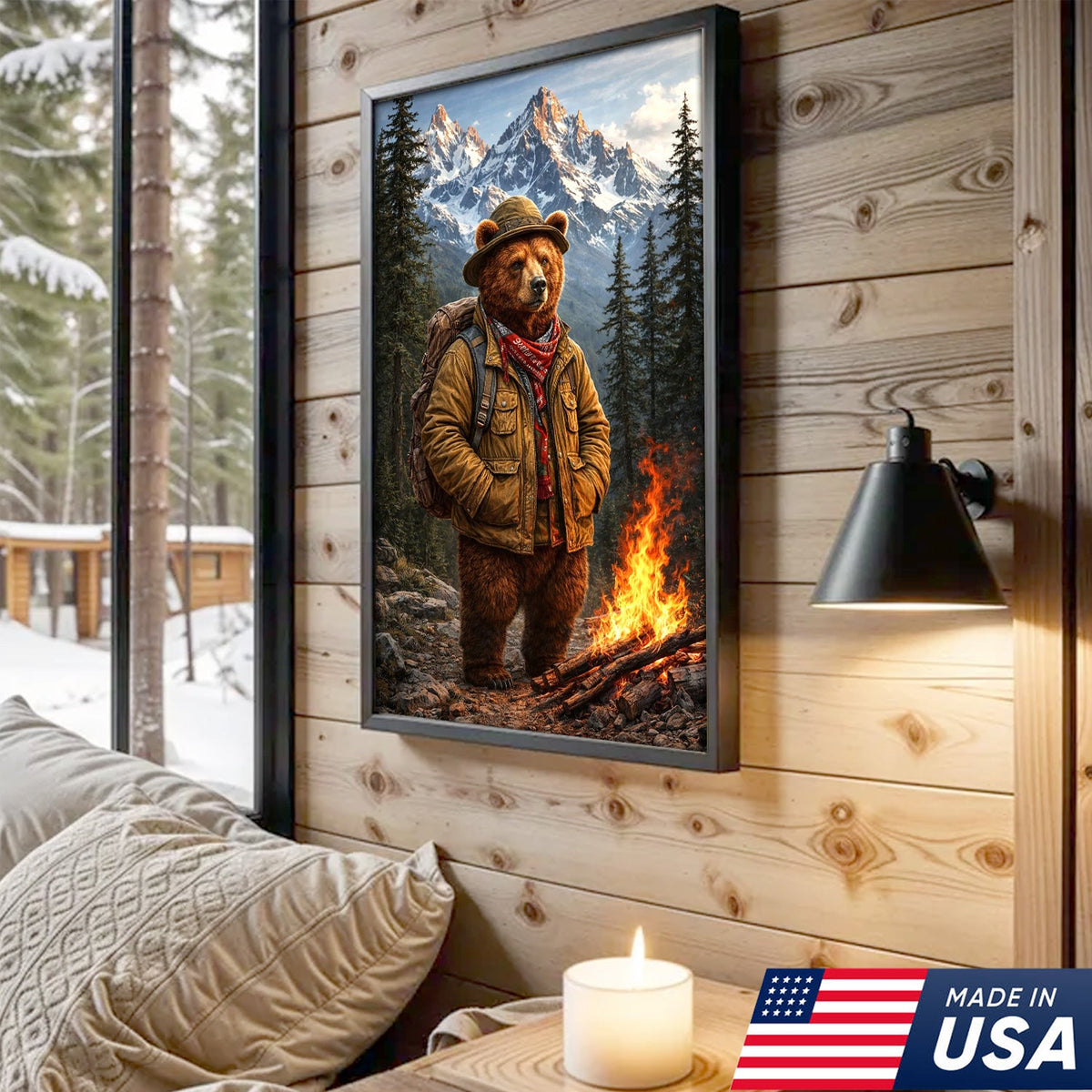 Mountain Explorer Bear Canvas Wall Art – Realistic Wildlife Hiking Print