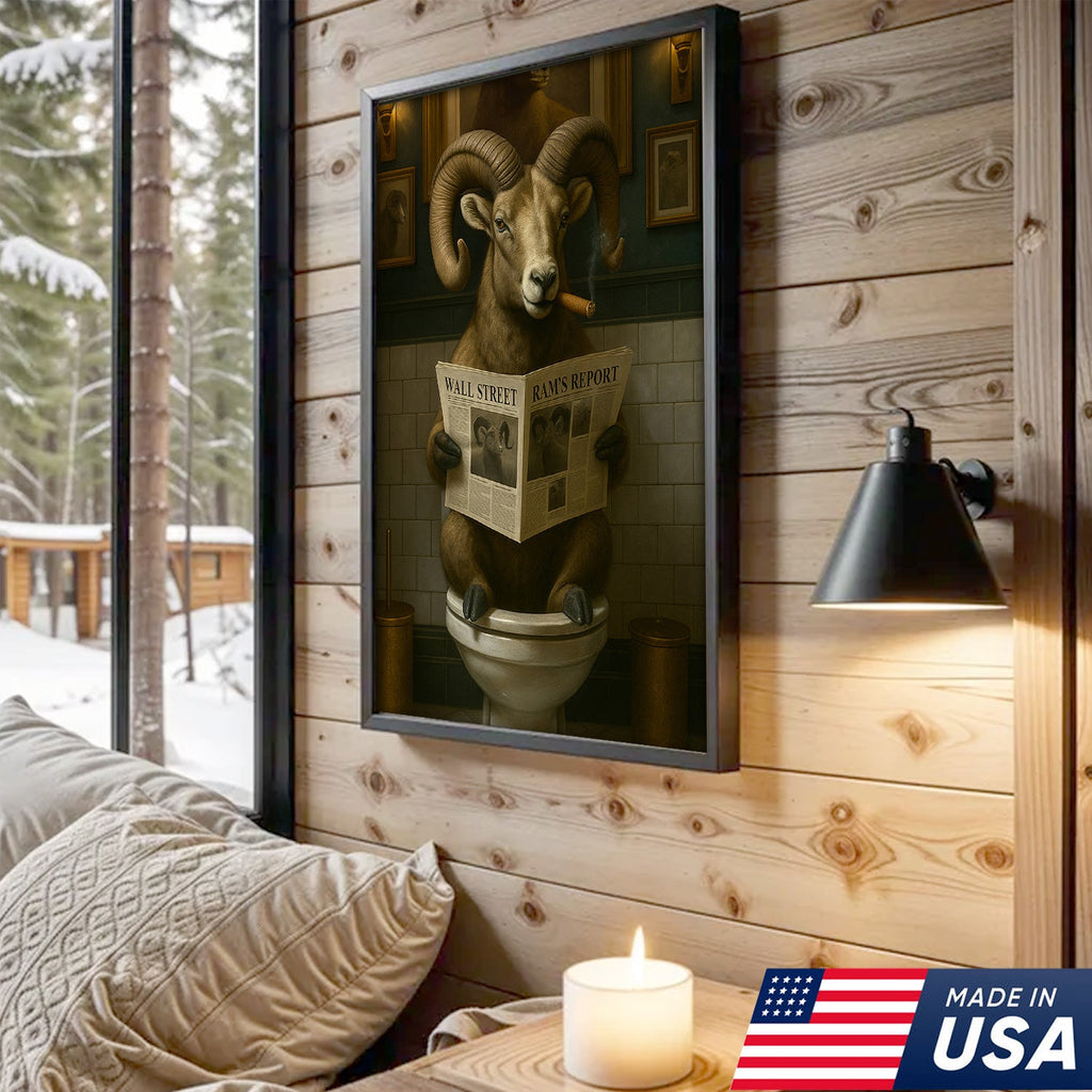 Funny Bighorn Sheep Bathroom Wall Art – Rustic Hunting Cabin & Man Cave Decor