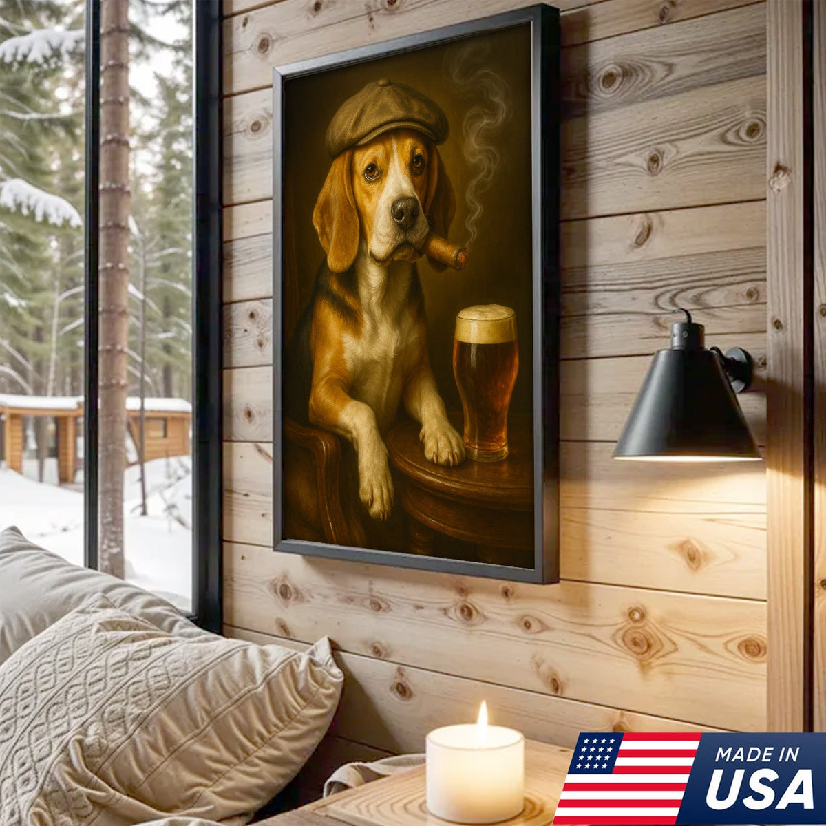 Beagle Dog Cigar Wall Art Canvas – Funny Beer Lover Wall Art for Rustic Bar & Man Cave