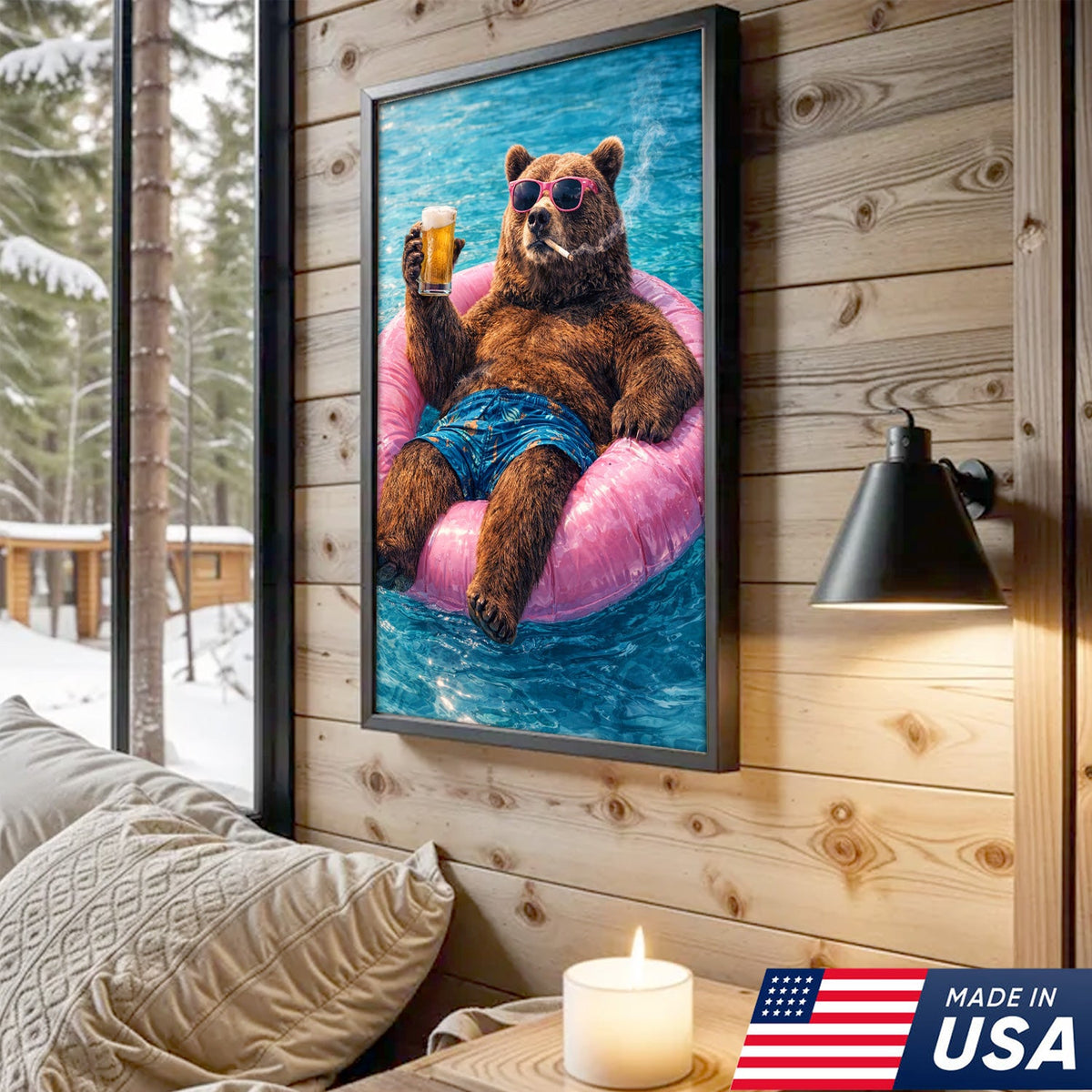 Funny Bear Pool Canvas Wall Art – Cool Bear Drinking Beer Funny Animal Decor