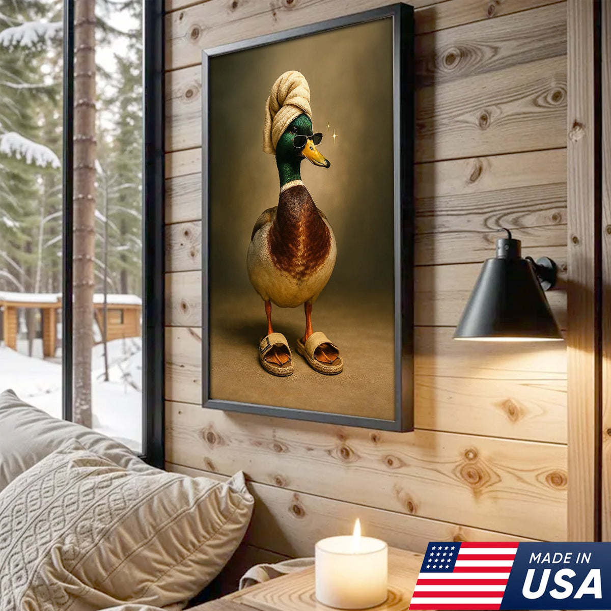 Spa Day Duck Canvas Wall Art, Funny Mallard in Towel and Sandals Bathroom Decor