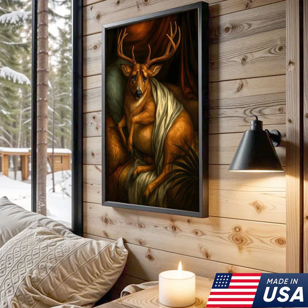 Funny Deer Portrait Canvas Wall Art, Renaissance Buck Painting with Draped Cloth