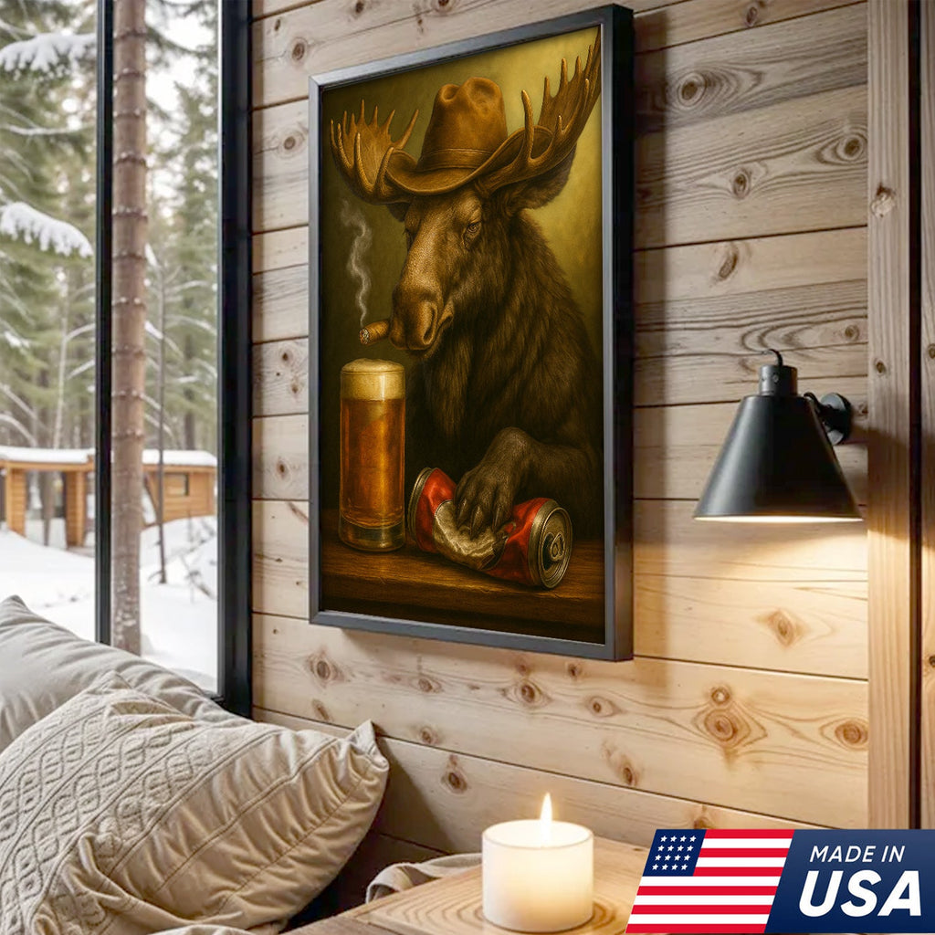 Rustic Cowboy Moose Beer Canvas – Funny Bar Wall Art Gift for Hunters, Cabin Decor & Man Caves