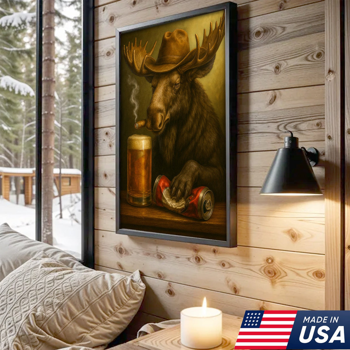 Rustic Cowboy Moose Beer Canvas – Funny Bar Wall Art Gift for Hunters, Cabin Decor & Man Caves