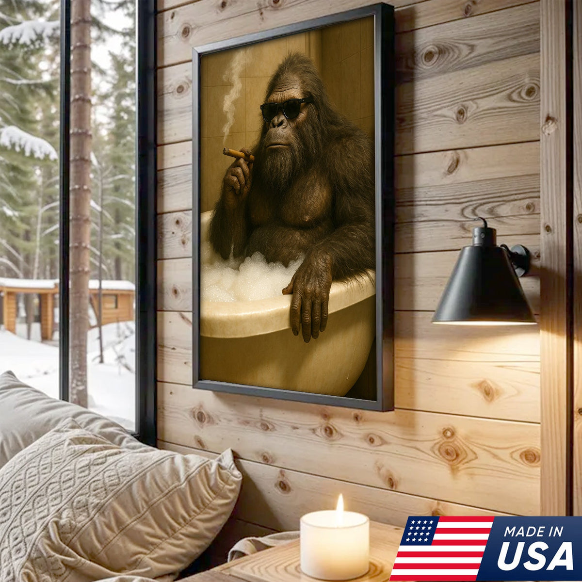 Funny Bigfoot Smoking Canvas Wall Art – Cool Bathtub Scene Gift for Hunters & Outdoorsmen