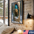 Aurora Borealis Bear in Hollow Tree Canvas Wall Art, Winter Forest Cabin Decor