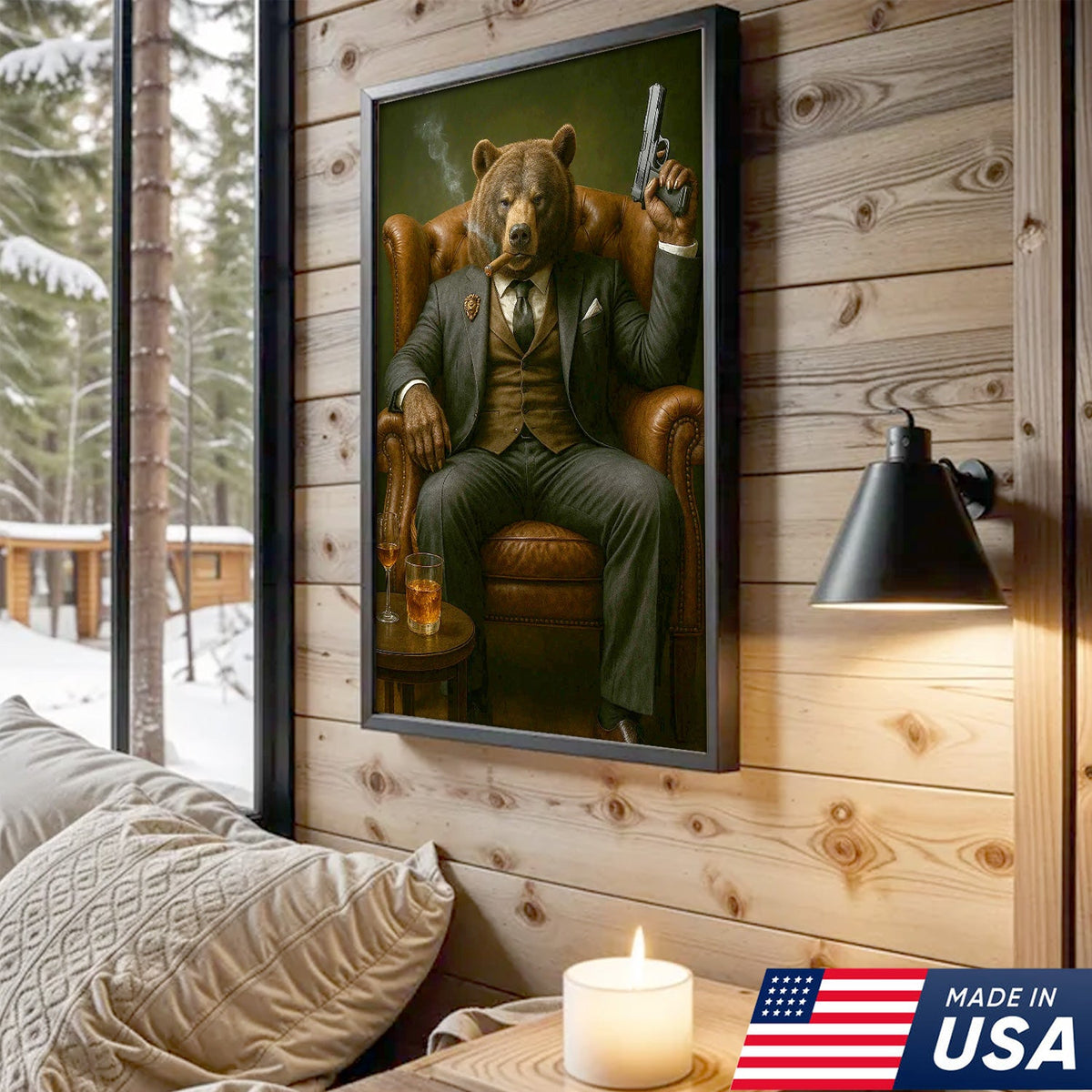 Boss Bear in Tailored Suit Canvas Wall Art, Powerful Gentleman Animal Portrait