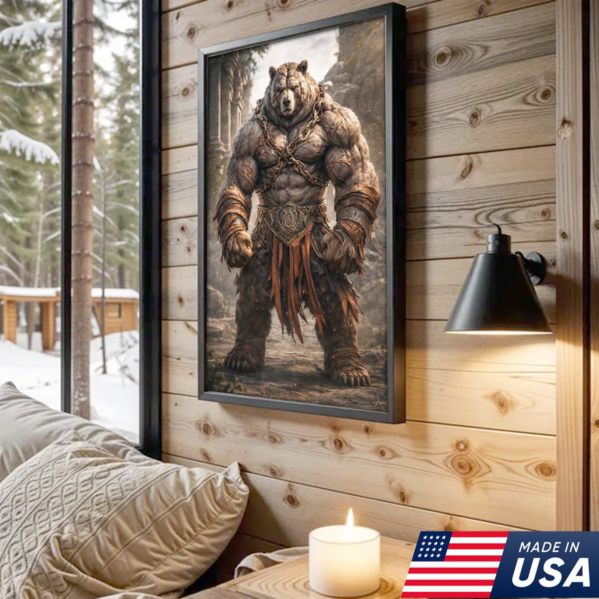 Epic Warrior Bear Canvas Wall Art – Fantasy Barbarian Animal Print