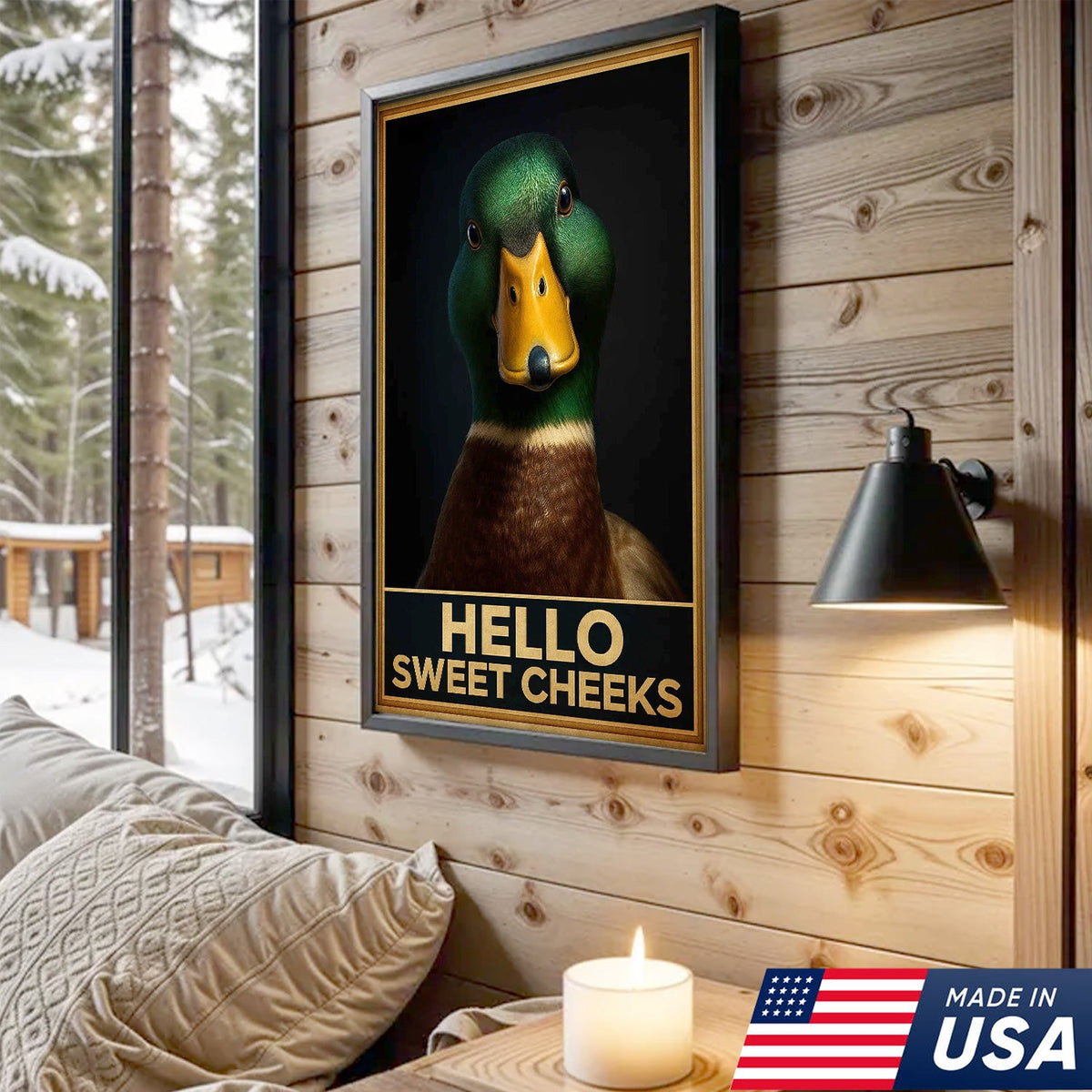 Funny Duck Hello Sweet Cheeks Canvas Wall Art, Humorous Mallard Portrait Print