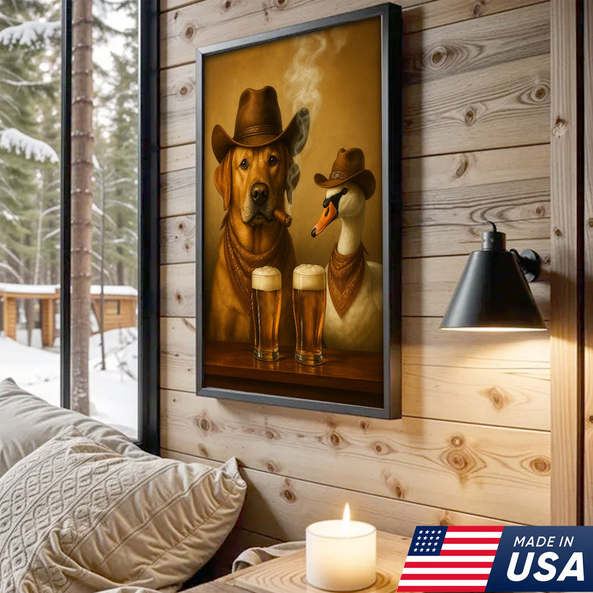 Funny Cowboy Dog & Geese Wall Art Canvas – Funny Beer & Smoking Canvas for Hunters