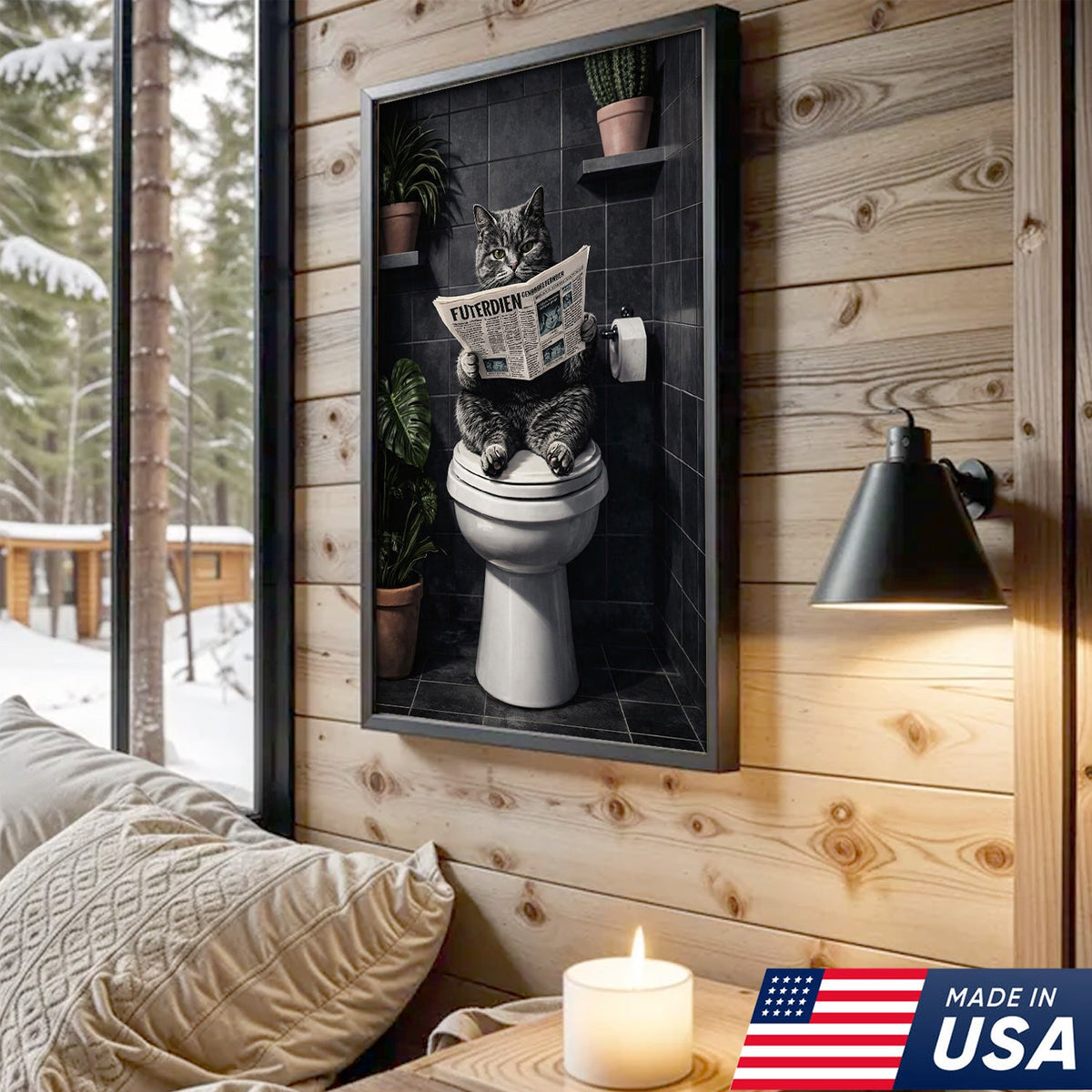 Funny Cat Bathroom Canvas – Cat On Toilet Wall Art – Meme Decor