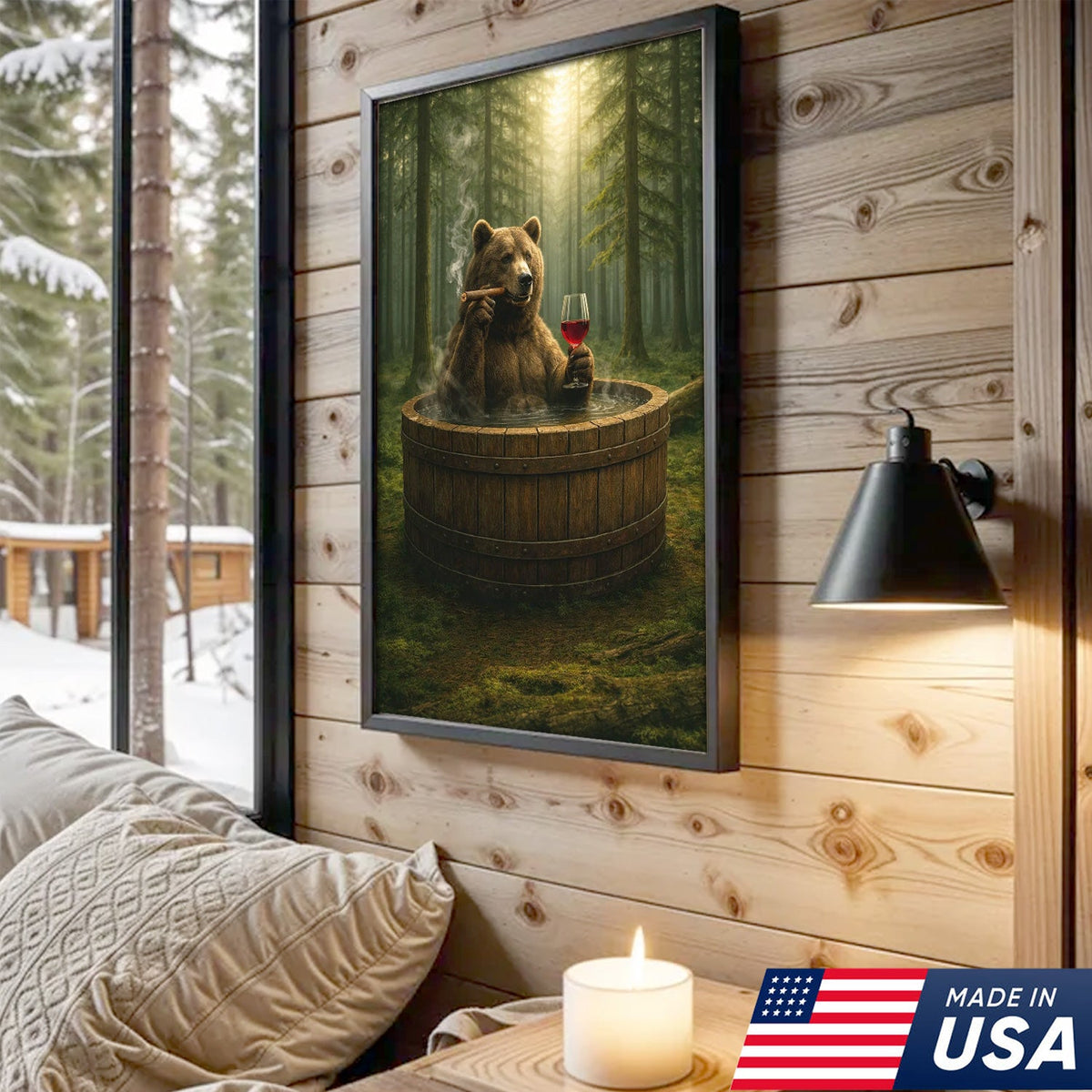 Relaxing Bear Forest Bath Canvas Wall Art, Whimsical Woodland Animal Illustration
