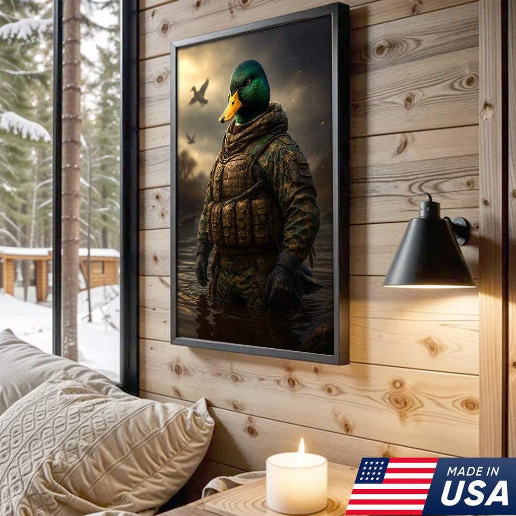 Tactical Duck Canvas Art – Elite Armored Mallard Warrior in Battle Scene