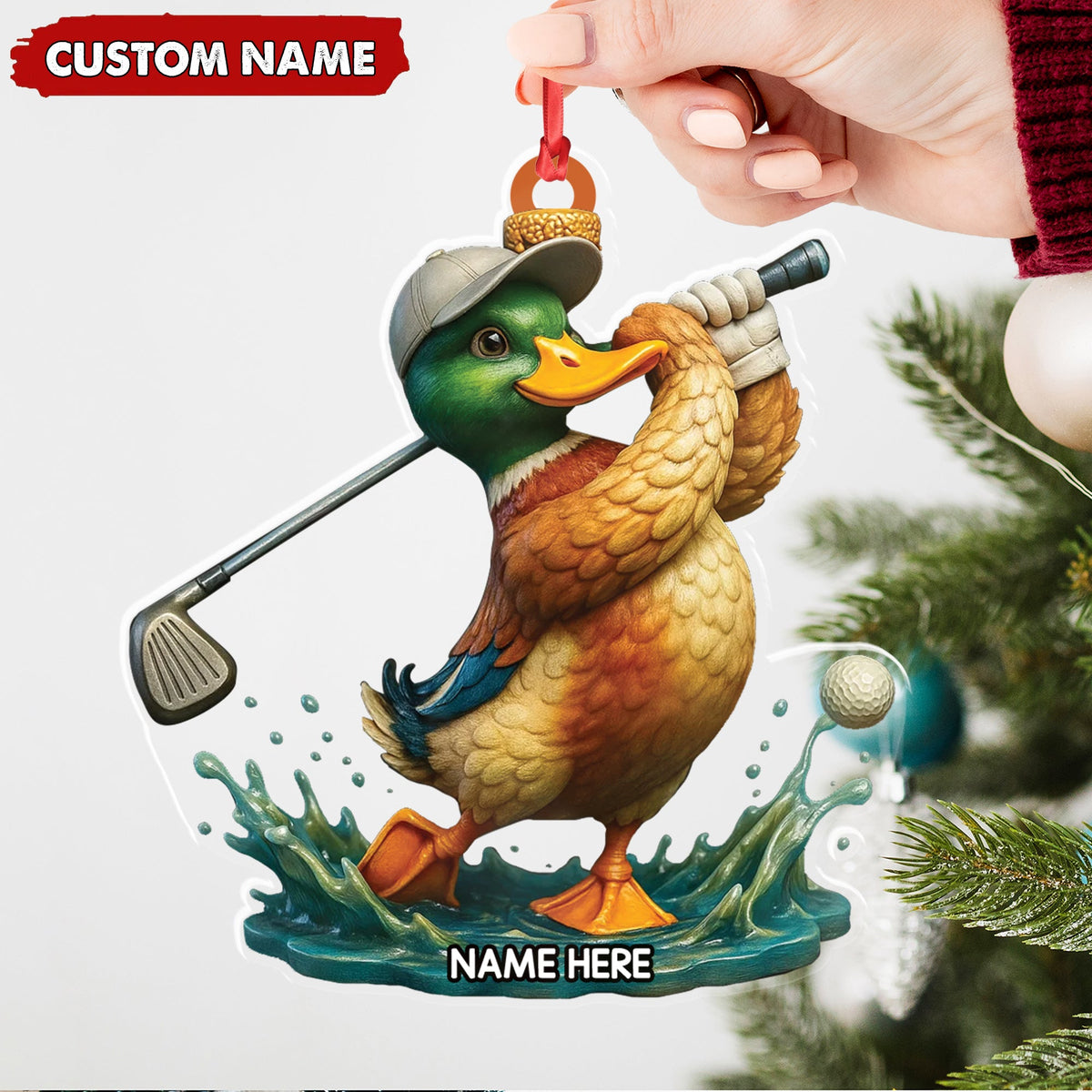Personalized Acrylic Duck Golf Christmas Ornament – Custom Name Funny Hunter Gift for Golf Lovers