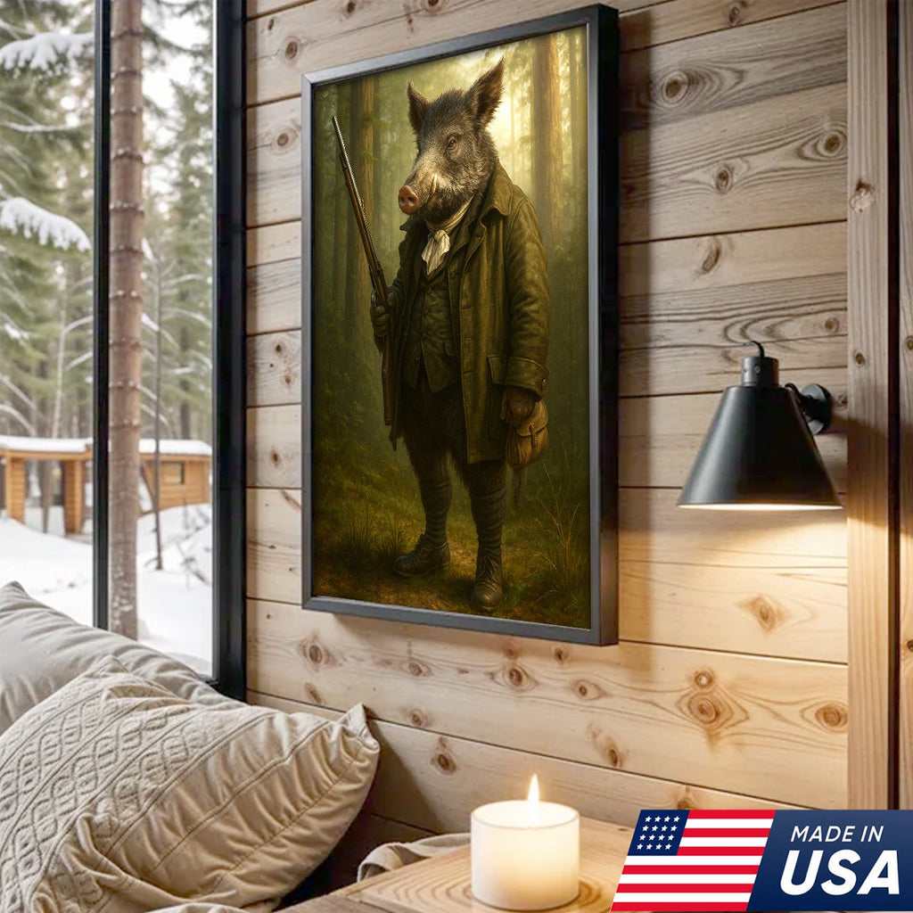 Funny Wild Boar Hunter Canvas Wall Art – Rustic Hunting Lodge Decor Gift for Hunters