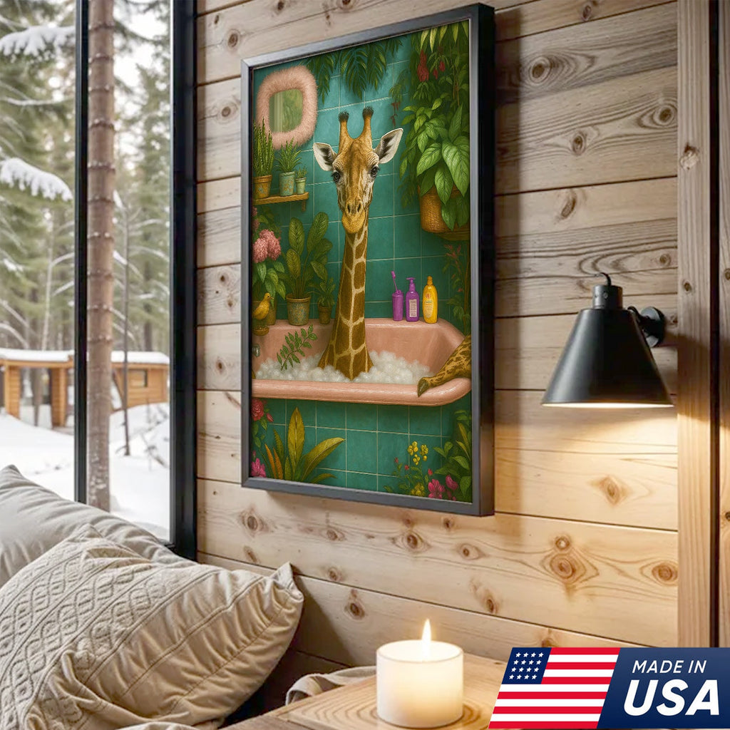 Giraffe Bathroom Wall Art Canvas, Funny Animal Taking Bath Decor