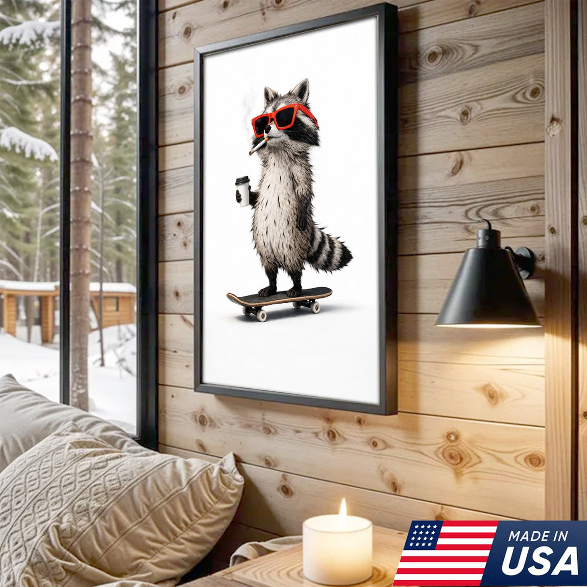 Cool Skateboard Raccoon Wall Art Canvas Print, Funny Urban Animal Illustration