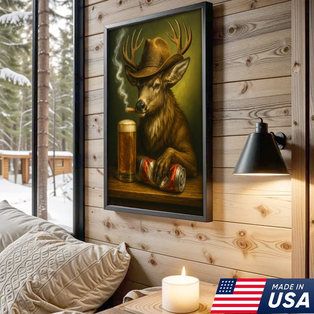 Funny Cowboy Buck Beer Canvas – Rustic Funny Wall Art Gift for Hunters, Bar Cabin & Man Cave Decor