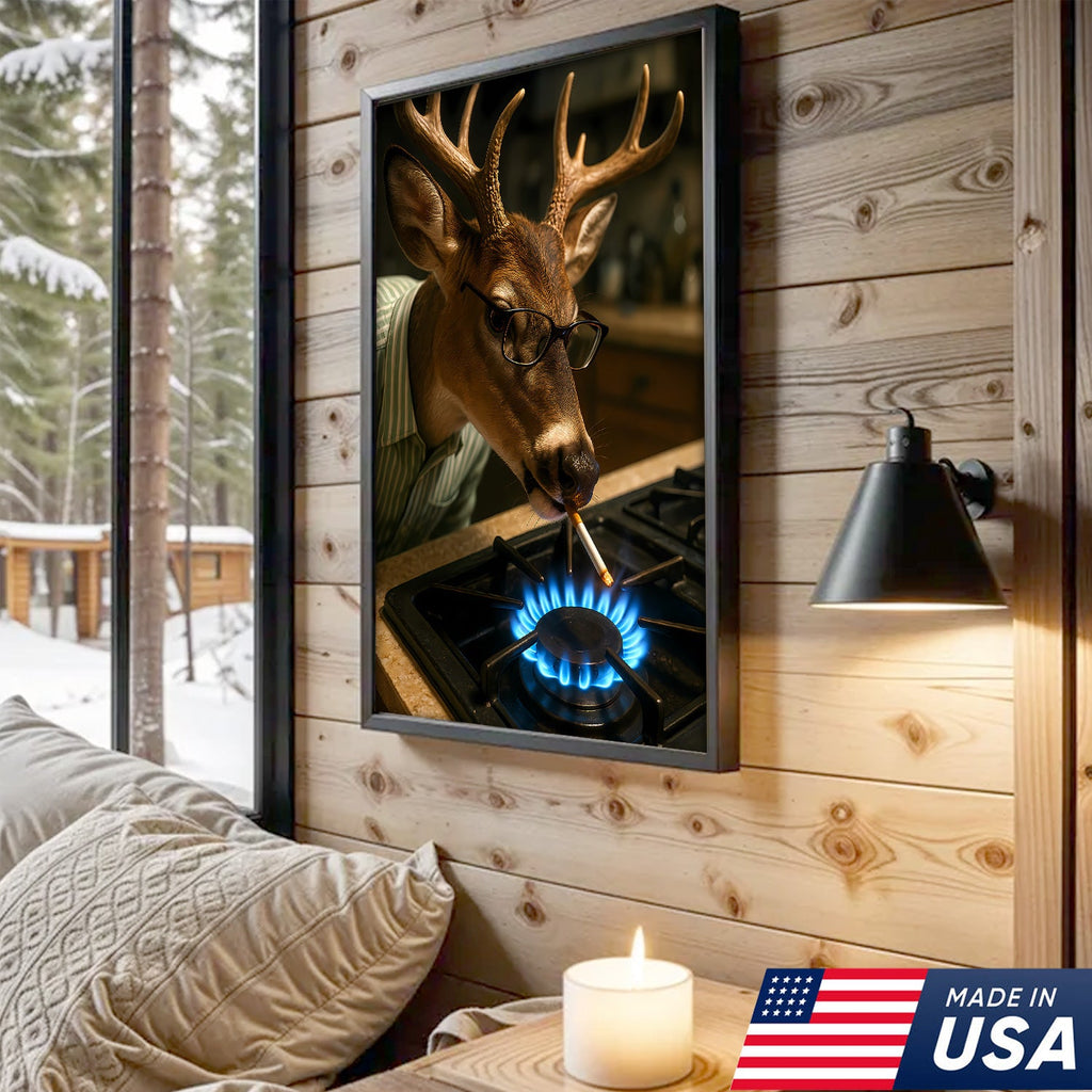Funny Deer Smoking Canvas, Hilarious Buck Wall Art for Hunters, Rustic Cabin or Man Cave Decor