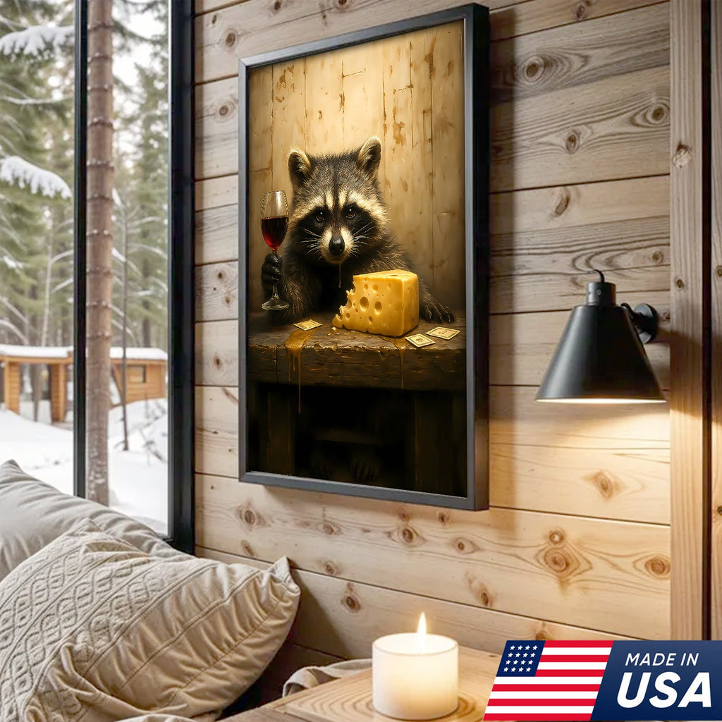 Raccoon with Wine and Cheese Canvas – Funny Bar Wall Art, Gentleman Gift for Men