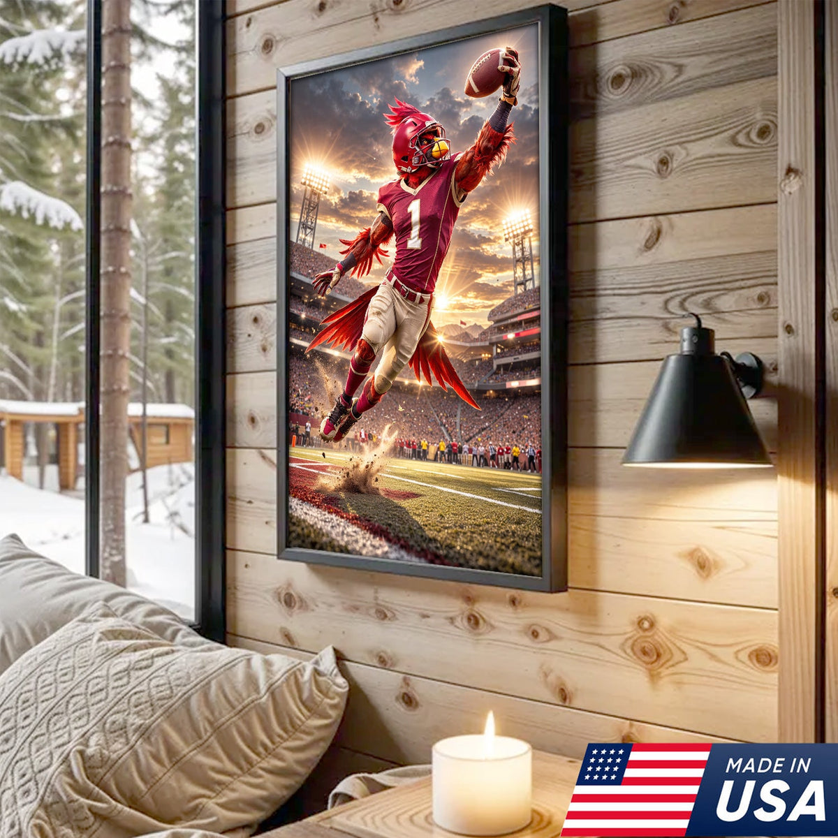 Red Cardinal Football Canvas Wall Art – Dynamic Touchdown Stadium Print