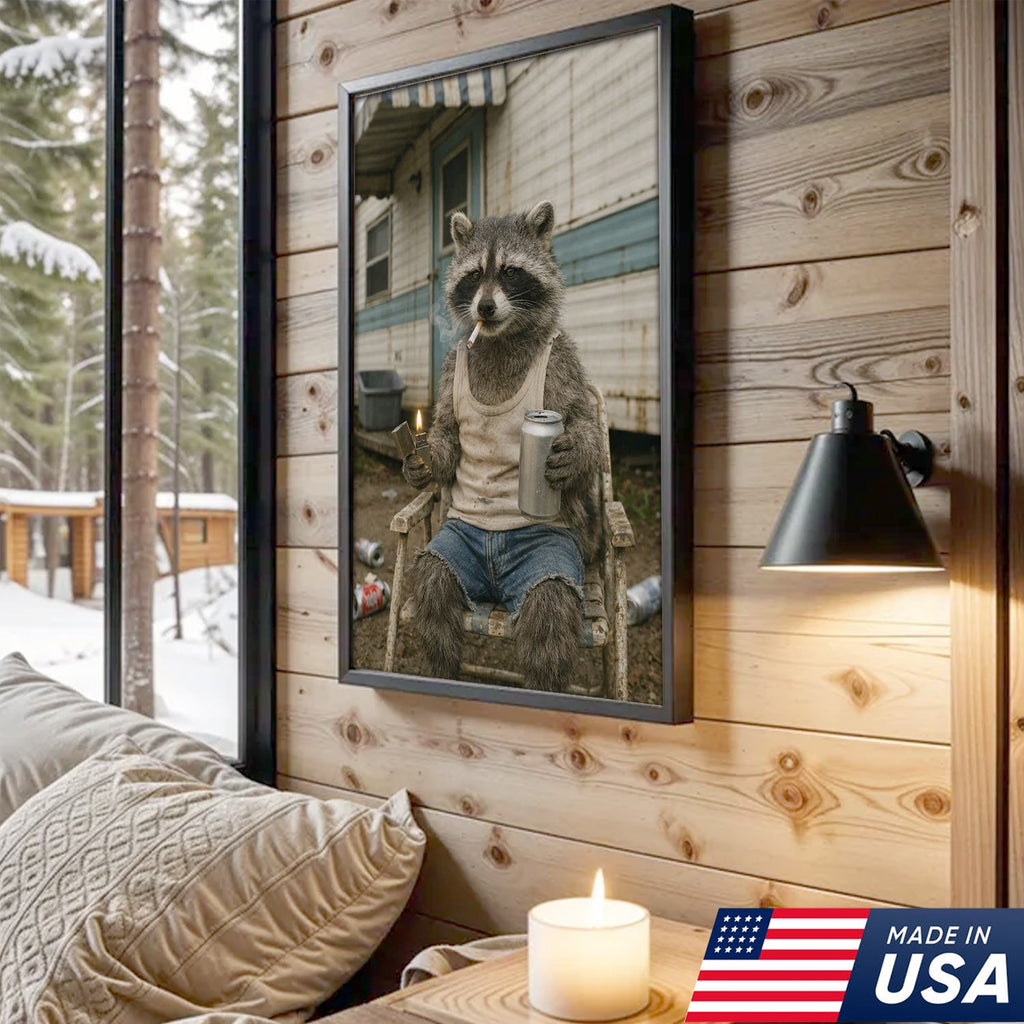 Funny Raccoon Trailer Park Canvas Wall Art, Redneck Raccoon Smoking with Beer