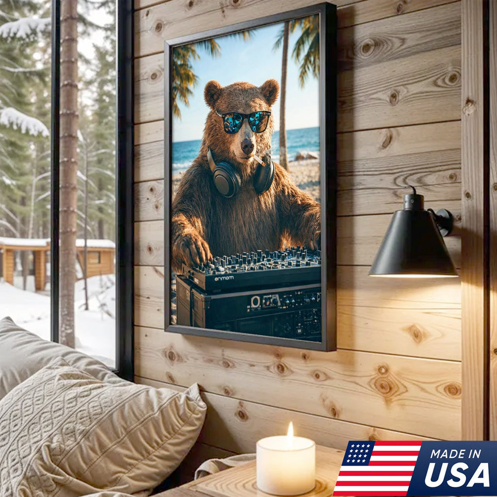 Cool DJ Bear Beach Canvas Wall Art – Trendy Animal Music Print