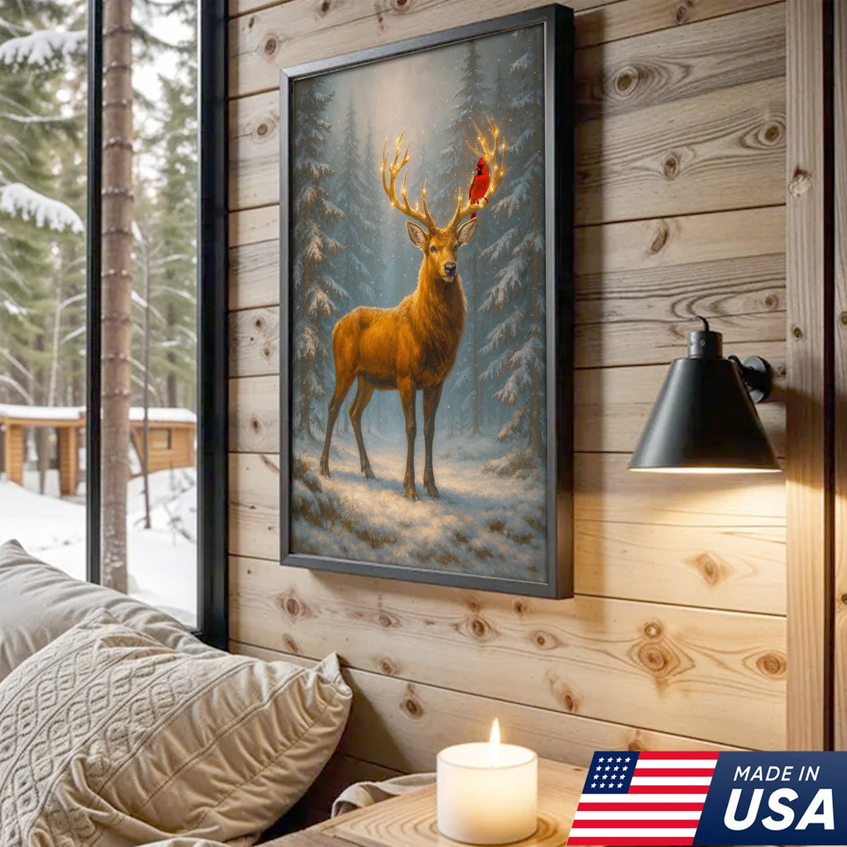 Majestic Deer Christmas Canvas Wall Art – Winter Woodland Decor, Lighted Antlers Canvas