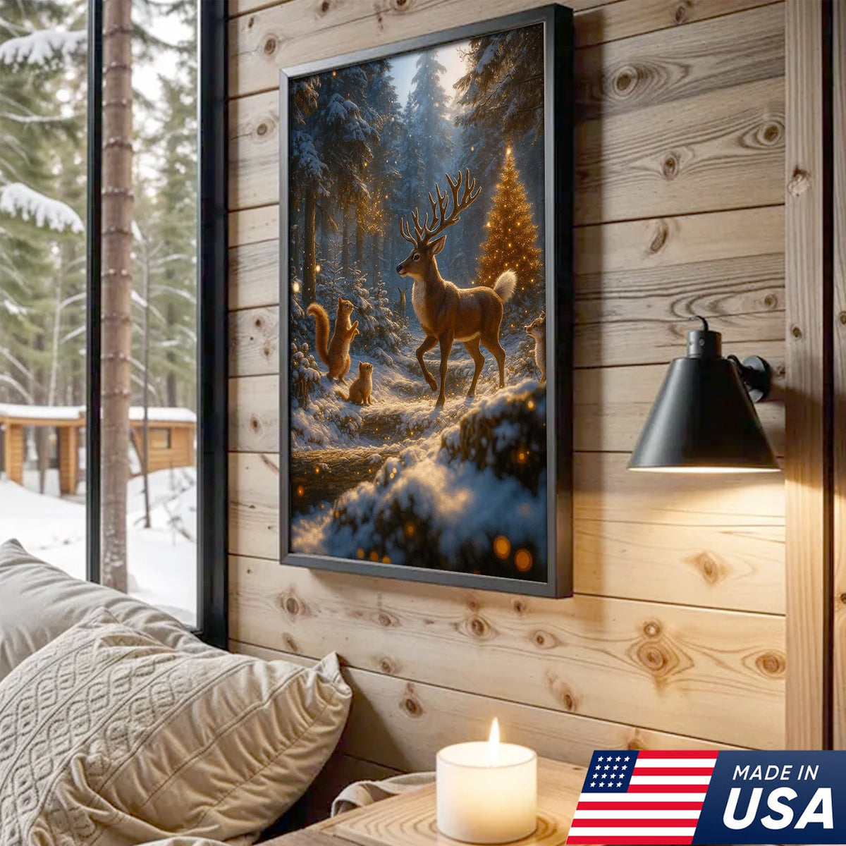 Christmas Deer Forest Wall Art Canvas – Magical Winter Woodland Print