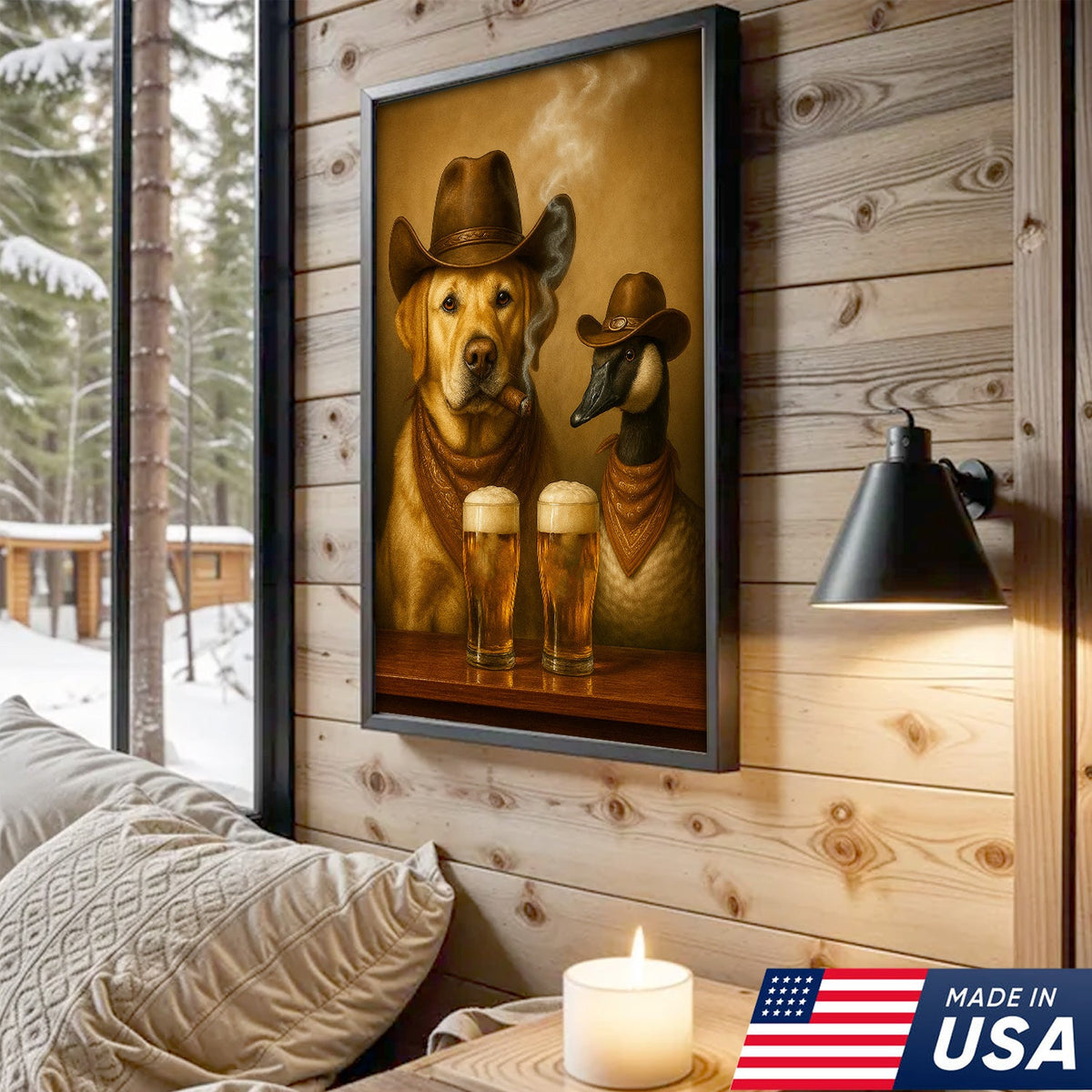 Funny Cowboy Dog & Goose Canvas Wall Art – Funny Beer & Smoking Western Decor for Hunters