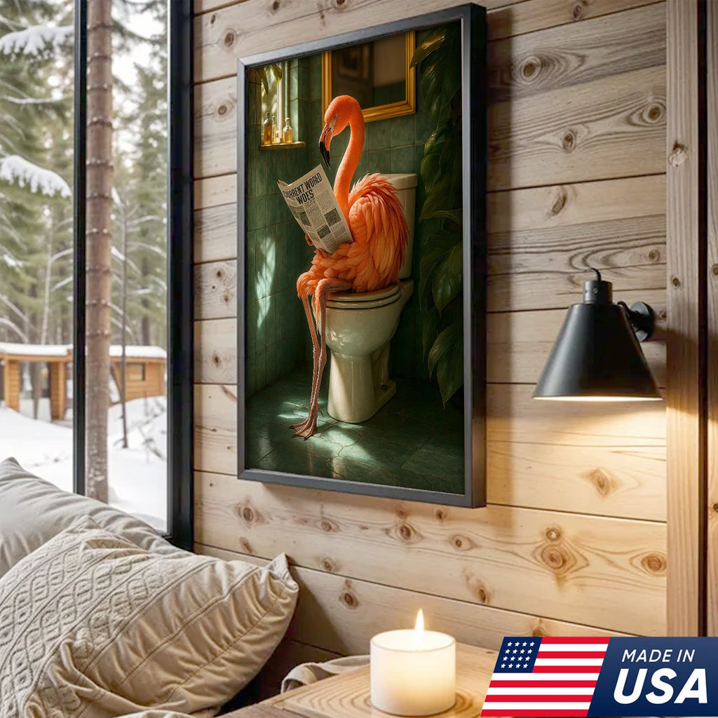 Funny Flamingo Bathroom Canvas Wall Art – Quirky Bird Reading Newspaper Print