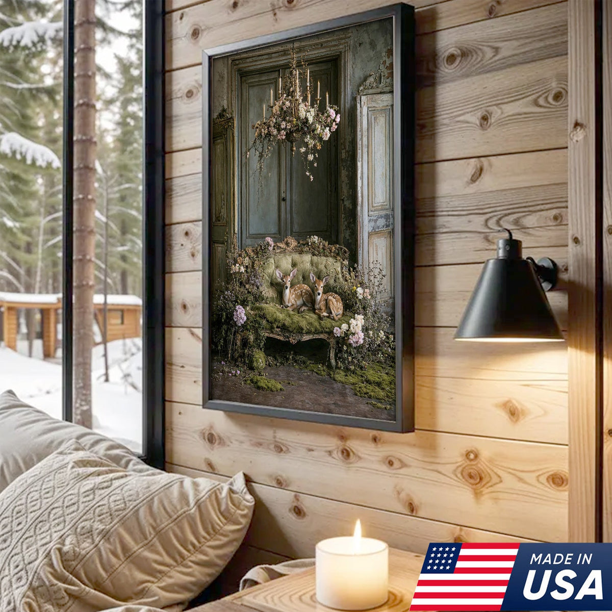 Vintage Fawn Sofa Canvas Wall Art, Twin Deer Resting on Mossy Couch