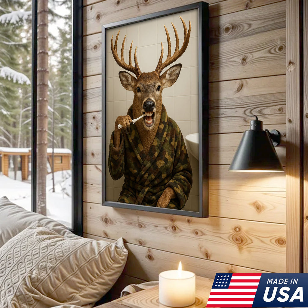 Funny Deer Brushing Teeth Wall Art – Rustic Bathroom Canvas for Cabin, Lodge & Man Cave Decor