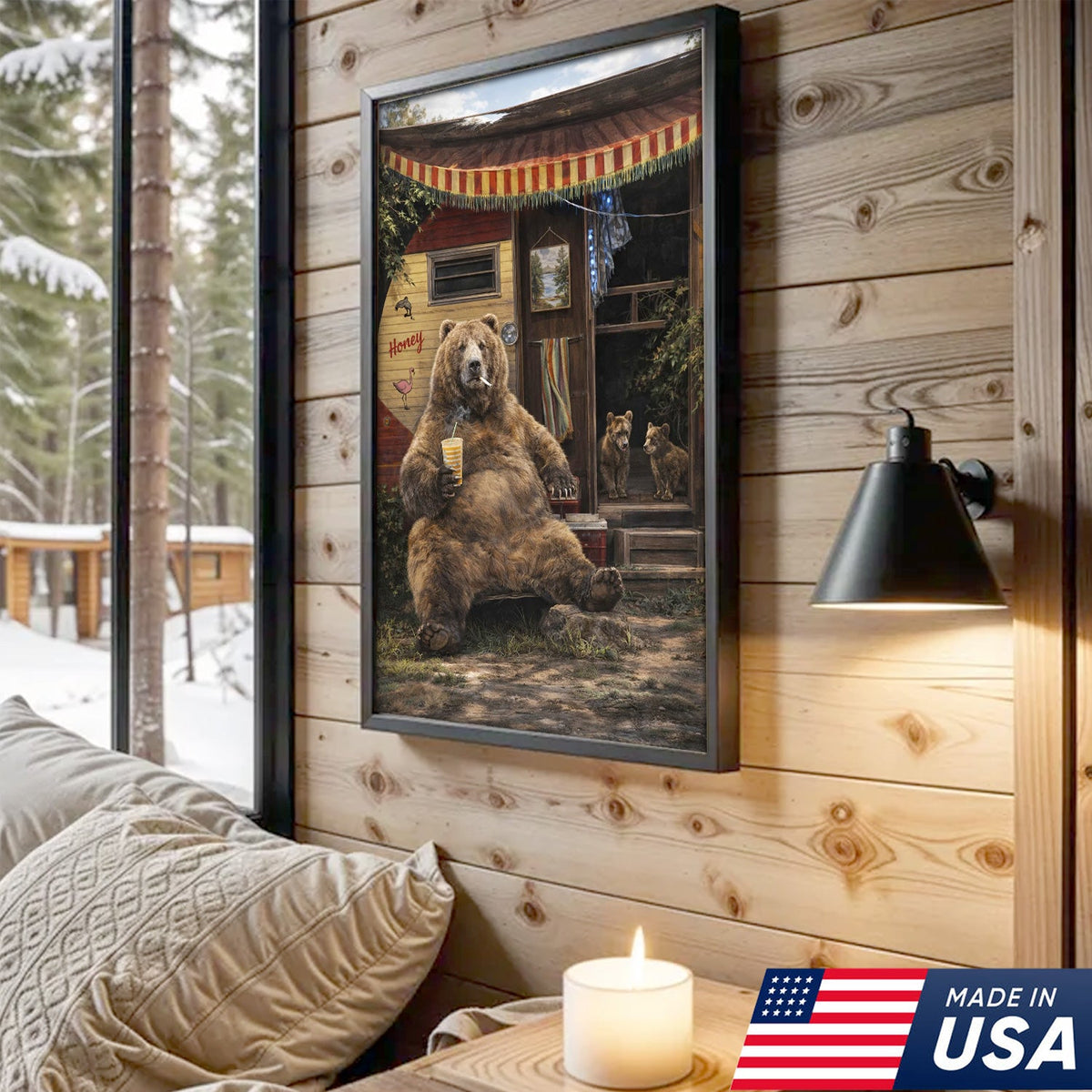 Funny Bear Camping Canvas, Rustic Cabin Wall Art, Wildlife Decor
